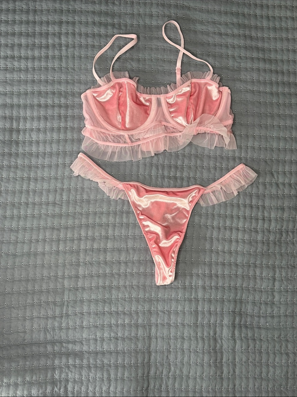 Pink Velvet Ruffle Lingerie Set